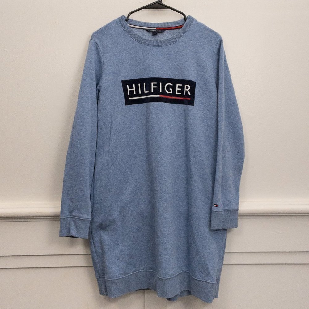Tommy Hilfiger Heather Blue Sweatshirt Dress – Casual Logo Pullover Size S